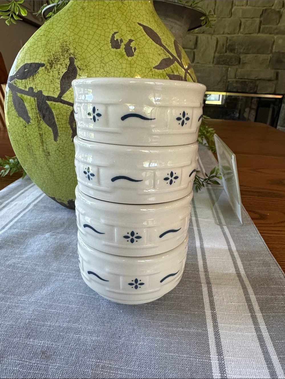 Longaberger White Ceramic Ramekins with Blue Logo Detail set of 4